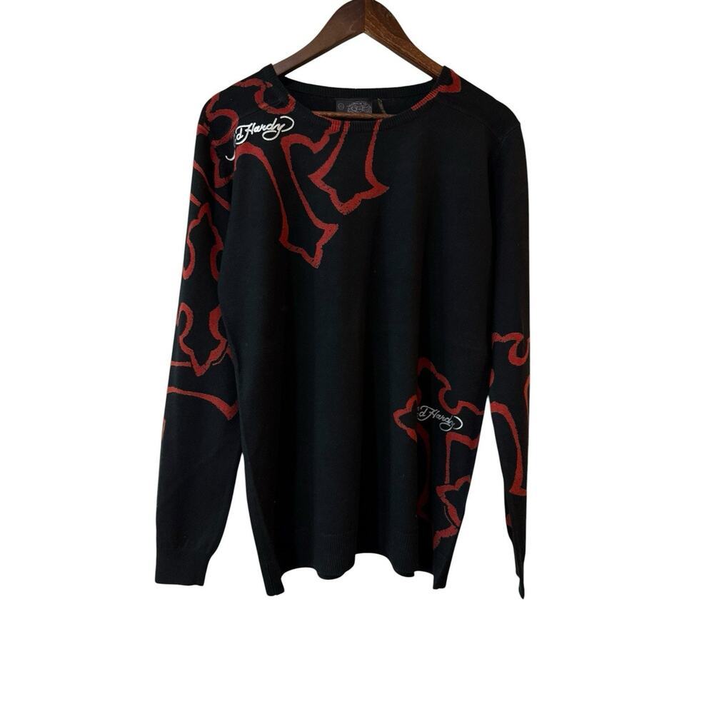 Ed Hardy Black Sweater Size XL Red Graphic Lion Snake Knit NWT